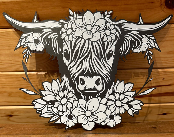DL Metal Cow Head w/ Flowers Sign